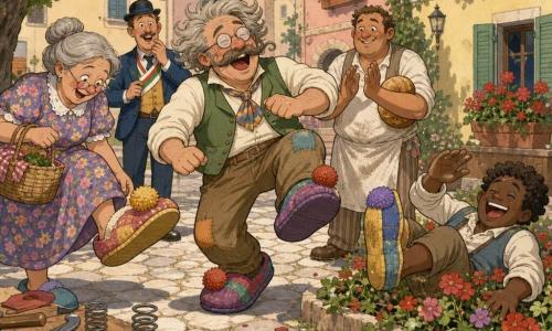 Uomo — Arturo, inventore entusiasta e un po' goffo, volto rotondo, grandi baffi ricci, occhiali tondi leggermente appannati, capelli grigi scompigliati, ride e salta goffamente con grandi pantofole di stoffa colorata con pompon; Uomo — Gino, fornaio ~40 anni, corporatura robusta, grembiule infarinato, capelli corti castani, sorriso caloroso, accanto ad Arturo con una pagnotta applaudendo; Donna — Filomena, vicina ~60 anni, occhiali piccoli, chignon grigio, vestito a fiori, divertita, prova una pantofola e tiene un cesto della spesa a sinistra; Uomo — il sindaco ~50 anni, abito un po' stretto, cappellino, espressione sorpresa e divertita sullo sfondo; Luogo — cortile di paese soleggiato con sampietrini, case pastello e gerani rossi, tavolo di legno con attrezzi, molle e ritagli di stoffa; Situazione — festa collettiva di prova: diversi paesani saltellano goffamente con grandi pantofole imbottite, risate e cadute morbide tra aiuole fiorite, atmosfera gioiosa e colori vivaci.