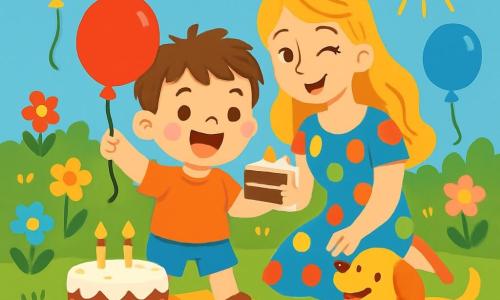 Um menino de 2 anos, Tomás, com cabelos castanhos bagunçados e um grande sorriso, está no centro da imagem, segurando um balão vermelho em uma mão e um pedaço de bolo na outra, com os olhos brilhando de excitação. Ao lado dele, sua mãe, uma mulher de cerca de trinta anos, com cabelos longos e loiros, usa um vestido colorido e pisca para ele, cercada por flores vibrantes no jardim. Um pequeno cachorro, Pipo, um adorável filhote de pelos dourados, corre ao redor, com a língua de fora, pronto para brincar. O jardim está cheio de flores coloridas, balões flutuantes e uma grande toalha quadriculada com um bolo de aniversário decorado com velas. A cena mostra Tomás soprando as velas do seu bolo, cercado de risos e alegria, com raios de sol iluminando tudo, criando uma atmosfera festiva e mágica.