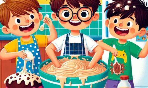 Em uma cozinha iluminada e colorida, três meninos estão preparando um bolo. João, um menino de 8 anos com cabelo castanho bagunçado e óculos redondos, está no centro segurando uma grande tigela de massa de bolo, sorrindo e com respingos de farinha na camiseta amarela. Pedro, um menino de 7 anos com cabelo loiro e olhos brilhantes, está à esquerda, despejando chocolate na tigela, com gotas de chocolate no rosto e um avental azul com bolinhas. Lucas, um menino de 6 anos com cabelo preto e bochechas redondas, está à direita, segurando uma espátula e rindo, com farinha nas mãos e uma camiseta verde com um dinossauro desenhado. A cozinha é cheia de cores vibrantes: paredes amarelas, utensílios vermelhos e azuis, e uma grande janela que deixa entrar a luz do sol. Na mesa, há ingredientes espalhados: um saco de farinha, ovos e uma grande tigela de chocolate. Os três amigos estão preparando um bolo gigante para o Dia dos Pais, rindo e se divertindo, criando uma atmosfera alegre e festiva.