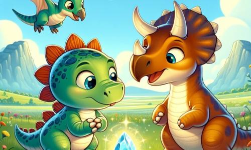 Un stegosaur mignon numit Dino, cu plăci verzi și albastre pe spate, își exprimă o mare curiozitate și uimire ținând o piatră magică care strălucește cu o lumină blândă în labele sale mici. Lângă el, un triceratops numit Trix, cu trei coarne pe frunte și o piele brună, zâmbește bucuros în timp ce privește piatra, stând aproape de Dino. Un pterozaur numit Ptero, cu aripile desfăcute și penaj colorat, survolează scena, observând cu interes descoperirea celor doi prieteni. Scena se desfășoară într-o vastă pajiște verde, presărată cu flori colorate și sub un cer albastru deschis, cu câțiva nori pufoși plutind liniștit. La orizont, munți blânzi conturează peisajul, adăugând o notă de magie. Dino, Trix și Ptero se adună în jurul pietrei strălucitoare, împărtășind un moment de bucurie și prietenie, descoperind împreună puterea magică a descoperirii lor.