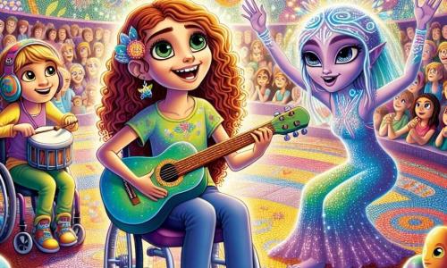 In the center of the image, Mira, a 12-year-old girl with curly auburn hair and sparkling green eyes, is playing the guitar with a radiant smile on her face. To her right, Samira, a 12-year-old girl with a bright blue bob and a wheelchair, joyfully beats a drum, her eyes shining with joy. On the left, Zylak, a tall alien with shimmering purple skin and large iridescent eyes, watches them with a benevolent smile, his arms open as if to encourage them. The setting is a colorful amphitheater on the planet Quorax, adorned with vibrant mosaics depicting ancient stories and surrounded by luminescent flowers emitting bright colors. Quoraxians of various shapes, with shimmering wings and color-changing bodies, gather around, captivated by the music. The main scene shows Mira and Samira playing an upbeat melody to gather the Quoraxians, while a large flower, the Lumina Bloom, blooms at the center of the amphitheater, illuminated by their music.