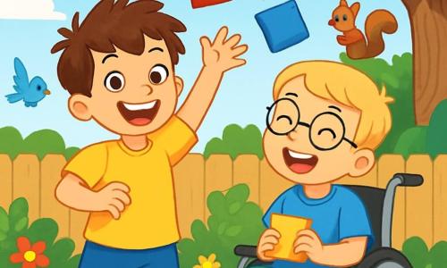 There are two main characters: Ben, a 6-year-old boy with messy brown hair, wearing a bright yellow t-shirt and blue shorts. He is standing with his arms raised, holding a red beanbag in his right hand, with a big smile on his face. Milo, also a 6-year-old boy in a wheelchair, has blonde hair and round glasses. He is wearing a blue t-shirt and green pants, sitting next to Ben, laughing and holding a yellow beanbag in his hands. The scene takes place in a sunny garden filled with colorful flowers and greenery. The sky is bright blue with a few fluffy white clouds. In the background, there is a wooden fence and an old oak tree with branches extending like welcoming arms. The main activity shows Ben and Milo trying to juggle three colorful beanbags (red, yellow, and blue) in a joyful and playful atmosphere. Birds are singing around them, and a small squirrel watches from the fence, intrigued by their efforts. The beanbags fly through the air as the boys laugh and encourage each other, creating a sense of challenge and friendship.