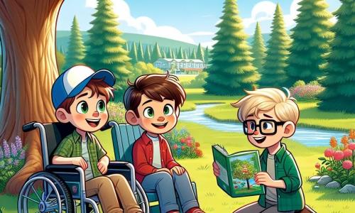 In a sunny park, three friends stand around a large oak tree. Jake, a 10-year-old boy in a blue wheelchair, wears a red cap and smiles enthusiastically. To his left, Max, a 9-year-old boy with messy brown hair, stands with his arms crossed, looking determined. On the right, Oliver, a 10-year-old boy with glasses and blond hair, holds an illustrated book about climate change, looking at his friends with curiosity. The park is filled with greenery, colorful flowers, and a gently flowing stream. In the background, majestic fir trees and a clear blue sky with a few white clouds can be seen. The three friends passionately discuss how they can help their city combat climate change, surrounded by young trees they have just planted, symbolizing their commitment to a better future.
