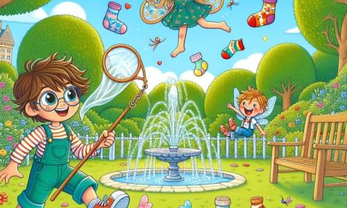 In a sunny park, a seven-year-old boy named Benny, with messy brown hair and round glasses, holds a large net, smiling and ready to catch magical socks. Beside him, his friend Sam, a boy with blonde hair and sparkling eyes, jumps with joy, holding a red sock in his hand. Above them, a small fairy named Tilly, with shimmering wings and a dress made of flower petals, flies while laughing, surrounded by colorful socks dancing in the air. The park is lush with vibrant trees, a pretty wooden bench, and a sparkling fountain at the center, where water splashes joyfully. Colorful flowers line the path, and the sky is bright blue with fluffy clouds. The main scene shows Benny and Sam in action, trying to catch the flying socks, while Tilly encourages them with a radiant smile, creating a magical and joyful atmosphere.