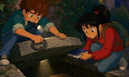 A 12-year-old boy with a round, freckled face, tousled brown hair and large focused green eyes, determined but slightly anxious expression, crouches pulling a heavy gray stone slab with an iron ring, sleeves rolled up and a flashlight held in his mouth or on the ground; beside him an 11-year-old girl, Lina, with smooth black hair in a ponytail, sparkling brown eyes and an excited but cautious smile, crouches wedging a notebook under the slab as a prop, wearing a red sweatshirt with a backpack visible behind her; the background shows the back of a library at dusk with beige brick wall, a bronze plaque partly hidden by ivy, a worn stone path, bushes and windows glowing warm inside; the slab lifts to reveal a dark dug-out chamber containing a carved wooden box with a spiral symbol, a shaft of light and floating dust, creating an intimate atmosphere of discovery, gentle tension and wonder.