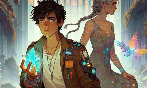 A 12-year-old boy, Elior, stands at the center of the image, with tousled hair and curious, bright eyes. His face shows determination mixed with concern as he holds a glowing crystal fragment in his hand. He wears a worn leather jacket adorned with technological gadgets and canvas pants. To his right, Archivist Veyra, a woman around 30, stands protectively. She has braided silver hair and sparkling eyes, dressed in a flowing gown made of glowing circuits. She looks at Elior with a mix of pride and worry, ready to guide him. The setting is a ruined cathedral, with collapsed walls and broken stained glass letting in colorful rays of light. Floating technological debris creates a magical and mysterious atmosphere. The main situation shows Elior, determined, ready to activate the mysterious Device of Threads, which shines brightly on an altar in the center of the cathedral. Threatening shadows loom around them, suggesting imminent danger, as an aura of magic and technology envelops the scene.