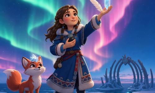 Aputi, a young woman with a round face, wind-rosy cheeks and determined bright eyes, stands upright on an icy cliff by a dark sea, performing a true gesture with her right hand raised to the sky and her left hand on her chest holding a white feather, a polished black pebble and a sparkling shard of ice from which a small star of light escapes; beside her on a rock to her left is Taktu, a small fox-like spirit with reddish-white fur and a thin crown of ice, watching with a mischievous, attentive gaze, while cracked ice, wind-blown snow ridges and a vast sky streaked with green and pink aurora frame a distant skeletal whale-rib gateway, creating a magical, cold yet warm atmosphere with strong contrast between the aurora's colors and the snow's cool tones.