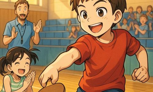 Un ragazzo di 10 anni, Luca, capelli castani corti e qualche lentiggine, maglietta rossa e pantaloncini blu, sorridente, fiero e concentrato, braccio teso a colpire una piccola pallina bianca da ping-pong con una racchetta di legno — movimento fermo, pallina appena sopra la rete; una ragazza di 10 anni, Sofia, coda di cavallo nera e canotta a righe verde chiaro, a sinistra di Luca applaude chinandosi verso il tavolo con volto luminoso; l'allenatore Marco, circa 35 anni, barba leggera e fischietto al collo, in piedi al bordo con mani alzate a incoraggiare; la palestra scolastica è ampia con pavimento in parquet lucido, grandi finestre che lasciano entrare luce dorata, bandierine al muro e gradinate con altri bambini sfocati che applaudono; scena principale sul punto vincente: movimento netto, gioia sul volto di Luca, leggere scie di polvere sul parquet, effetto velocità sulla pallina e ombre morbide; stile manga, colori vividi, contorni netti, espressioni esagerate ma dolci, atmosfera calda e positiva.