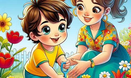 Um menino de 4 anos, chamado Luca, tem cabelos castanhos bagunçados e olhos brilhantes de curiosidade. Ele usa uma camiseta amarela vibrante e um short azul, agachado em um jardim ensolarado, segurando uma pequena pá de plástico, com um grande sorriso no rosto, pronto para plantar uma flor. Ao lado dele, a professora Clara, uma mulher de cerca de 30 anos com cabelos castanhos presos em um rabo de cavalo, veste um jaleco colorido e um chapéu de palha. Ela observa Luca com bondade, as mãos na cintura, encorajando seu aluno a plantar a flor. O jardim está cheio de flores coloridas, como tulipas vermelhas, margaridas brancas e narcisos amarelos, sob um céu azul claro com algumas nuvens brancas. Borboletas coloridas voam ao redor das flores, adicionando um toque de magia à cena. Luca está cavando um pequeno buraco na terra para plantar sua flor amarela, enquanto uma linda borboleta pousa delicadamente em sua mão, criando um momento de alegria e encantamento.