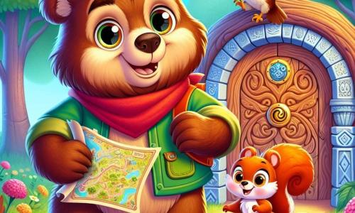 A brown bear named Benny, with soft and shiny fur, stands in front of a carved wooden door, his eyes sparkling with excitement and a wide smile on his face. He holds a map in his paw, showing his impatience and curiosity. Next to him, a small squirrel named Pippa, with bright red fur and a bushy tail, jumps for joy, her eyes gleaming with mischief. She holds a shiny pebble in her paws, ready to show it to Benny. A wise owl named Ollie, with brown feathers and round golden eyes, perches on a branch just above them, observing the scene with an encouraging expression and a slight smile. The setting is a sunny clearing surrounded by majestic trees with vibrant green leaves, and colorful flowers dancing in the breeze. Sunlight filters through the branches, creating soft shadows on the ground. The main scene shows Benny, Pippa, and Ollie in front of the mysterious door, ready to discover the hidden treasure, with a palpable sense of adventure in the air and a joyful, friendly atmosphere inviting exploration.