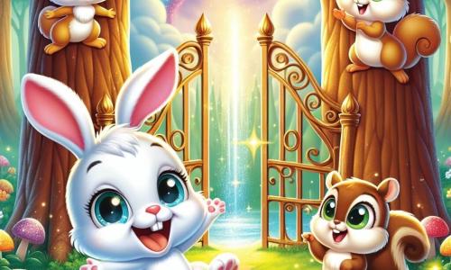 Al centro dell'immagine, un piccolo coniglio di nome Binky, con un pelo bianco splendente e grandi orecchie pendenti, mostra un'espressione di gioia e meraviglia. Sta saltando con entusiasmo davanti a un portale luminoso, circondato da luccichii dorati. Alla sua destra, un piccolo scoiattolo di nome Squeaky, con un pelo marrone e occhi scintillanti di malizia, sorride agitando una zampa. Si trova su un ramo, pronto a incoraggiare il suo amico nell'avventura. A sinistra, Fluffy, la sorella di Squeaky, è uno scoiattolo dal pelo morbido e setoso, con uno sguardo determinato. Sta indicando il portale, come se invitasse Binky a entrare nel mondo magico. Il contesto è una foresta incantata, piena di alberi maestosi e fiori colorati che danzano al vento. Sullo sfondo, una cascata arcobaleno scintilla sotto il sole, aggiungendo un tocco di magia alla scena. La situazione principale mostra Binky, Squeaky e Fluffy pronti a attraversare il portale magico, i loro volti illuminati dall'eccitazione per l'avventura che li attende.