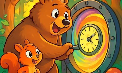A brown bear named Bramble, with soft, silky fur and curious sparkling eyes, stands in front of a round metal door, his expression a mix of surprise and excitement. He is reaching for the door handle, which is adorned with a clock whose hands are spinning rapidly. Next to him, a small red squirrel with a bushy tail and round eyes watches the scene in wonder, its front paws on its hips, seemingly eager to join Bramble on the adventure. The setting is an enchanted forest, with majestic trees, thick trunks, and vibrant green leaves, bathed in golden light filtering through the foliage. Colorful flowers and oddly shaped mushrooms dot the ground, adding a touch of magic. The main scene shows Bramble ready to enter the bright tunnel opening behind the door, a vortex of vibrant, sparkling colors promising an incredible adventure through time.