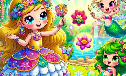 En el centro de la imagen, la princesa Dulcinea, una niña de unos 10 años, irradia felicidad. Tiene largos cabellos dorados que brillan al sol y ojos azules llenos de curiosidad. Lleva un vestido colorido adornado con flores y sonríe ampliamente mientras sostiene un ramo de flores mágicas que parecen bailar a su alrededor. A su lado, Sirenita, una sirena de unos 8 años, tiene el cabello desordenado como un nido de pájaros. Lleva un top de conchas y su cola brilla con colores vivos. Se ríe alegremente mientras intenta recordar cómo usar su cuchara, levantando las manos en un gesto cómico. Un poco más atrás, un pequeño dragón de escamas verdes y ojos redondos, que parece asustado pero maravillado, bate sus alas con dudas. Mira a Dulcinea con admiración, listo para volar por primera vez. El escenario es un jardín mágico, lleno de flores de colores vibrantes que parecen hablar, mariposas con alas de arcoíris que revolotean en el aire y un pequeño estanque donde burbujas flotan suavemente. Rayos de sol se filtran a través de los árboles, creando una atmósfera encantada y alegre. La situación principal muestra a Dulcinea animando al pequeño dragón a superar su miedo a volar, mientras que Sirenita, con una sonrisa traviesa, prepara una sopa de burbujas a su lado, añadiendo un toque de magia y risas a esta escena de cuento de hadas.