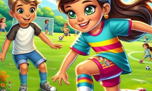 Sofía, una niña de 12 años, está en el centro de la imagen. Tiene el pelo largo y castaño recogido en una coleta, ojos brillantes de determinación y una sonrisa radiante. Lleva una camiseta de fútbol colorida, shorts y zapatillas deportivas, driblando hábilmente un balón de fútbol en un campo soleado. Su expresión muestra concentración y alegría por jugar. A su lado, Lucas, un niño de 10 años, la admira con ojos muy abiertos. Tiene el pelo rubio desordenado y lleva una camiseta y shorts. Está a punto de patear el balón, mostrando una gran sonrisa, lleno de entusiasmo y admiración por su amiga. El campo de fútbol está en un parque verde, rodeado de árboles majestuosos y flores coloridas. Al fondo, se ven niños jugando y familias haciendo picnic, creando una atmósfera alegre y animada. La escena principal muestra a Sofía enseñándole a Lucas cómo driblar el balón, con risas y gestos dinámicos, ilustrando la pasión y la amistad que los une a través del juego.