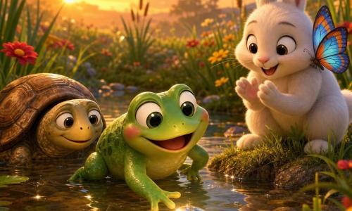 A small shiny plump green frog with big round eyes and rosy cheeks smiles, reaching toward a sparkling pebble in a shallow clear pond while a fluffy white long-eared rabbit stands on the grassy bank to the right, ready to applaud, and a colorful translucent-winged butterfly perches on the rabbit’s shoulder; to the left a wise brown-textured-shelled turtle is semi‑submerged and watching; setting: a shallow pond surrounded by a flowered meadow with red and yellow blooms, fine reeds, sparkling reflections and a soft orange sunset sky, mood gentle, bright colors and rounded textures, composition centered on the trio by the pebble.