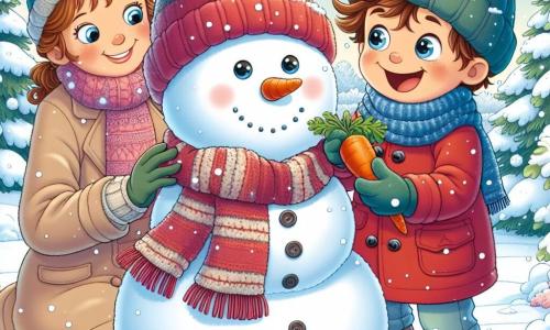 Un ragazzo di 7 anni, Matteo, con i capelli castani arruffati e gli occhi scintillanti di gioia, sta costruendo un grande pupazzo di neve nel suo giardino. Indossa un grosso cappotto rosso, un berretto di lana blu e guanti verdi, e sorride ampiamente, con le guance arrossate dal freddo. Sua madre, una donna di circa trent'anni con i capelli castani raccolti in un chignon, lo osserva con un sorriso caloroso, vestita con un cappotto beige e una sciarpa colorata. Tiene una carota in una mano, pronta per usarla come naso per il pupazzo di neve. Il giardino è coperto da un spesso manto di neve scintillante, con alberi dai rami carichi di fiocchi e un cielo azzurro chiaro punteggiato di nuvole bianche. Matteo e sua madre stanno modellando il pupazzo di neve, aggiungendo occhi di bottoni e un sorriso gioioso, creando insieme un momento magico e caloroso nel cuore dell'inverno.