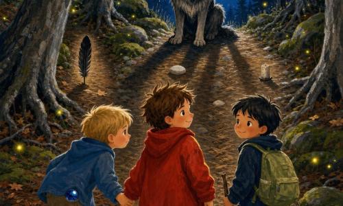 Ci sono tre bambini: Nino, capelli bruni spettinati e giacca rossa troppo larga, al centro che tiene la mano di Teo e guarda il lupo curioso; Teo, capelli biondi corti con una biglia blu in tasca, a sinistra, inclinato come per ascoltare, sguardo determinato ma dolce; Lillo, capelli neri con un piccolo bastone, a destra, calmo con zaino verde chiaro e sorriso timido. Siamo su un sentiero di bosco illuminato dalla luna, foglie e aghi sul terreno, tronchi grigi con radici aguzze, muschio sulle pietre e luciole gialle; sullo sfondo tre sentieri segnati da una piuma nera, un ciottolo bianco e una candela spenta. I tre affrontano un grande lupo nero e grigio dagli occhi ambrati, inginocchiato sul sentiero con ombre lunghe, grogna piano: atmosfera di coraggio e mistero sotto la luce argentata della luna.