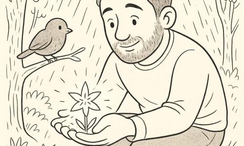 Un uomo, Pietro di circa 45 anni, dal volto dolce, occhi brillanti, capelli corti e leggera barba, è accovacciato e con le mani a coppa protegge una piccola fiore magico scintillante dal centro delle sue mani; il fiore ha petali a forma di stelle e una luce chiara, un uccellino marrone e rotondo è posato su un ramo basso a sinistra a osservare; sullo sfondo la lisière di un bosco con tronchi contorti, foglie stilizzate e erba ondulata, alcune gocce di pioggia cadono in sottili tratteggi; la pioggia leggera e la posa dell'uomo creano un piccolo riparo intimo e rassicurante; stile: line art chiaro, tratti fini e contorni netti, poche tratteggiature, espressioni leggibili per un bambino.