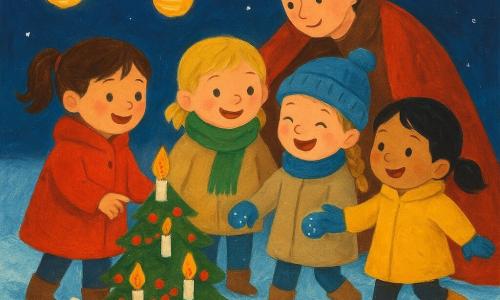 Seis personajes: Ana (niña 4 años, coletas, abrigo rojo) a la izquierda mostrando un pequeño abeto con velas de papel; Lia (niña 4 años, pelo rubio corto, bufanda verde) junto a Ana, sonriendo y sujetando la mano de Bea; Bea (niña 4 años, trenza castaña clara, gorro azul) en el centro riendo con nieve en los guantes; Noa (niña 4 años, pelo negro, abrigo amarillo) a la derecha, saltando levemente en la nieve con botas; la madre (mujer adulta, pelo recogido, abrigo marrón) detrás cubriéndolas con una gran manta roja; un pequeño conejo blanco de orejas rosadas junto al abeto comiendo una zanahoria caída. Lugar: llanura nevada de noche con nieve polvo de reflejos azul pálido, pequeño abeto verde decorado con guirnaldas rojas y velas de papel que emiten luz cálida, farolillos colgantes, huellas de niños y cielo estrellado. Situación: las cuatro niñas en círculo junto al abeto mirando las velas, riendo suavemente y tomadas de la mano mientras la madre las arropa y el conejo observa; atmósfera tierna con contraste entre los tonos cálidos del abeto y el frío blanco de la nieve, estilo gouache simple y texturizado con trazos amplios.