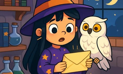 Una joven bruja de siete años, Luna, con largos cabellos negros y ojos llenos de curiosidad, se encuentra en el centro de la escena. Lleva un vestido violeta adornado con estrellas doradas y sostiene una carta brillante en sus manos, con un rostro que expresa tanto emoción como aprensión. A su lado, su lechuza blanca llamada Alba, con plumas brillantes, la observa con ojos sabios, posada en su hombro. El decorado es una habitación mágica, con paredes de piedra adornadas con viejos grimorios y estanterías llenas de pociones coloridas. Una ventana deja entrar la luz de dos lunas brillantes en el cielo nocturno, iluminando la habitación con un resplandor suave y misterioso. Luna, en plena reflexión, se prepara para partir en una aventura, sosteniendo firmemente la carta que la llama a una búsqueda para encontrar la varita de las dos lunas, mientras que Alba parece lista para acompañarla en esta emocionante misión.