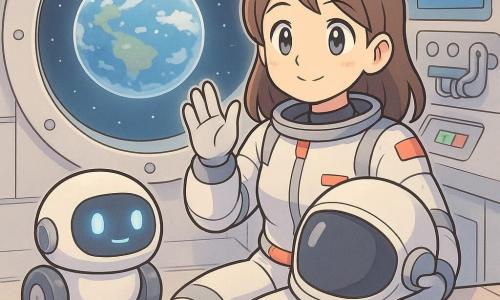 Una joven astronauta de rostro sonriente y sereno, ojos brillantes de asombro, sostiene un casco blanco bajo el brazo y viste un traje espacial blanco y gris con cierres rojos, está sentada junto a una gran escotilla circular saludando a la Tierra; a su lado rueda Rueditas, un pequeño robot redondo con ruedas, luz azul y rostro luminoso simple (dos puntos) que la mira como compañero fiel; sobre la mesa hay un cuaderno abierto con dibujos naifs de estrellas y planetas y lápices de colores; el interior de la estación es suave y ordenado, paredes metálicas claras, pantallas con botones coloridos y cables recogidos; por la escotilla se ve la Tierra azul y blanca con nubes y un halo de luz; ambiente visual en colores pastel, contornos nítidos estilo manga, texturas lisas y luz tenue y cálida.
