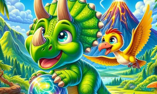 Wesoły i ciekawski triceratops o jaskrawozielonej skórze i majestatycznymi rogami stoi w centrum sceny, trzymając w przednich łapach tajemniczą, świecącą kulę. Jego duże, okrągłe oczy błyszczą ekscytacją i zdumieniem. Obok niego młody pterodaktyl o imieniu Lenny, z żółtymi piórami i szerokim uśmiechem, radośnie lata w powietrzu, rozpościerając skrzydła i podziwiając swojego przyjaciela. W tle rozciąga się Wulkaniczna Dolina z zielonymi wzgórzami, bujnymi paprociami i dymiącym wulkanem, który emituje kolorowe chmury pary w niebieskim niebie. Scena emanuje atmosferą przygody i przyjaźni, podczas gdy triceratops odkrywa magiczną moc świecącej kuli, gotowy na nowe przygody z przyjaciółmi.