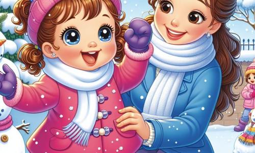 Una niña de 3 años, con grandes ojos brillantes y cabello rizado castaño, lleva un abrigo rosa brillante, una bufanda blanca y guantes morados. Está saltando en la nieve, su rostro radiante de alegría. A su lado está su mamá, Ana, una mujer de unos treinta años, con largo cabello castaño recogido en un moño, vestida con un abrigo azul y un gorro a juego. Sonríe mientras mira a su hija, lista para ayudarla a construir un muñeco de nieve. El escenario es un jardín nevado, donde la nieve brilla bajo el sol de invierno, con árboles cubiertos de nieve y un cielo azul claro. Al fondo, se ve un trineo colorido, listo para aventuras. La situación principal muestra a Sofía y su mamá moldeando un muñeco de nieve, riendo y divirtiéndose juntas, creando recuerdos mágicos de un día de invierno.