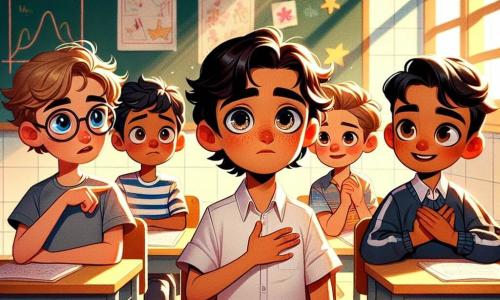 Em uma sala de aula iluminada, quatro meninos de nove anos estão em volta de uma mesa de madeira. Miguel, um garoto de cabelos castanhos e olhos brilhantes, parece nervoso, com uma mão no coração e a outra segurando um caderno. À sua direita, Pedro, um menino loiro de óculos, o observa com curiosidade, as sobrancelhas franzidas. À esquerda de Miguel, Tiago, um garoto de cabelos negros e pele levemente bronzeada, cruza os braços com uma expressão séria, pronto para dar conselhos. Por fim, Lucas, um menino de cabelos castanhos e uma perna ligeiramente mais curta, sorri para encorajar Miguel, com as mãos nos bolsos do seu short. A sala de aula é decorada com desenhos coloridos nas paredes, e as janelas deixam entrar a luz do sol, iluminando os rostos das crianças. No quadro negro, há equações de matemática e estrelas desenhadas pelos alunos. A situação principal mostra Miguel, visivelmente ansioso, confessando à sua professora, uma mulher sorridente de cabelos castanhos e óculos, que mentiu sobre seu trabalho de matemática, enquanto seus amigos o escutam atentamente, cada um com uma expressão diferente no rosto, variando de preocupação a compreensão.