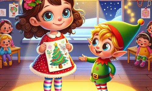 Uma menina de 4 anos, Clara, com grandes olhos brilhantes e cabelos castanhos cacheados, sorri maravilhada enquanto segura um desenho colorido de uma árvore de Natal. Ela veste um vestido vermelho com bolinhas brancas e meias listradas, posicionando-se no centro da cena, cercada por uma suave luz dourada. Ao lado dela, um pequeno elfo chamado Pip, com um chapéu pontudo verde e orelhas pontudas, sorri maliciosamente. Ele tem cabelos loiros e veste um traje colorido, flutuando levemente acima do chão, mostrando a Clara a importância de compartilhar. Ao fundo, a sala de aula está decorada com guirlandas cintilantes e flocos de neve colados nas janelas, com crianças de diferentes idades cantando alegremente. As paredes estão adornadas com desenhos de Natal, e uma grande árvore iluminada se destaca em um canto, preenchendo o ar com uma atmosfera festiva. A cena principal mostra Clara, cheia de alegria, oferecendo seu desenho ao seu amigo Tomás, um menino de 5 anos com cabelos castanhos e um cachecol vermelho, que a observa com um grande sorriso, pronto para lhe dar um abraço caloroso.