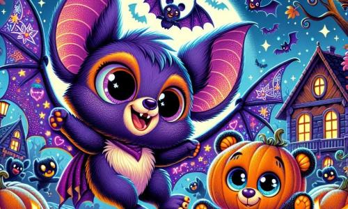 Pipotto, un piccolo pipistrello dal pelo viola e dagli occhi grandi e rotondi brillanti di curiosità, vola felicemente nel cielo notturno, il suo mantello nero stellato che fluttua dietro di lui. Ha un sorriso radioso e le sue ali traslucide scintillano sotto la luce della luna. Accanto a lui, Zuccorsetto, un orsetto di peluche con una testa di zucca, danzando con entusiasmo, i suoi occhi brillano di malizia. Si trova proprio sotto Pipotto, alzando le braccia in aria come se invitasse gli altri a unirsi alla festa. Il contesto è un villaggio incantevole, illuminato da lanterne colorate e zucche sorridenti, con case dalle facciate contorte e alberi dalle foglie dorate che sussurrano nel vento. La scena rappresenta una notte di Halloween magica, dove Pipotto e Zuccorsetto si divertono insieme, circondati da creature fantastiche, in un'atmosfera gioiosa e piena di risate.