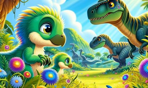 A small velociraptor named Rolo, with bright green feathers and sparkling curious eyes, hides in the tall grass, his heart racing with excitement and fear. Beside him, his mother, a velociraptor with golden feathers, looks at him proudly while whispering words of encouragement. A little further away, his father, a sturdy velociraptor with dark blue feathers, scans the horizon, ready to protect his family. The scene takes place on a magical island, where majestic trees with thick trunks and colorful flowers sway in the gentle breeze, while a bright blue sky illuminates the landscape. In the distance, an imposing T-Rex, with green scales and a hungry gaze, moves slowly, shaking the ground beneath its feet. Rolo and his family hide in the grass, waiting for the T-Rex to move away, their hearts beating in unison, ready to protect their precious home.