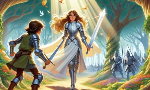 Al centro dell'immagine, una valorosa cavaliere, Serafina, si erge con orgoglio. Ha lunghi capelli castano chiaro che fluttuano nel vento e la sua armatura scintillante riflette la luce del sole. Il suo volto esprime determinazione e coraggio mentre brandisce una spada luccicante, pronta a difendere il suo regno. Accanto a lei, un giovane guerriero di nome Tomas, di circa 16 anni, è in posizione di combattimento. Ha capelli castani disordinati e indossa un'armatura più semplice ma robusta. Il suo sguardo è concentrato e si tiene leggermente indietro, pronto a supportare Serafina nella battaglia. Sullo sfondo, la scena si svolge in una foresta incantata, con alberi maestosi dalle foglie verdi vibranti e fiori colorati che bordano il sentiero. La luce del sole filtra tra i rami, creando ombre danzanti sul terreno. La situazione principale mostra Serafina e Tomas di fronte a un gruppo di banditi minacciosi, che emergono dai cespugli, armati e pronti ad attaccare. L'atmosfera è tesa, carica di energia e suspense, mentre i due giovani eroi si preparano a difendere il loro regno contro il male.