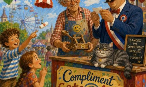 Mr. Calder, an awed yet nervous older man with a wrinkled smile, round glasses, tousled gray hair, plaid shirt and paint-stained apron, delicately holds a small wooden catapult with a smiling logo; a plump gray tabby cat named Pickle with mischievous yellow eyes sits on the counter watching; the mayor, in his fifties with a large mustache and tricolor sash, laughs while reading a small paper capsule; an eight-year-old girl with a long braid in a colorful dress crouches on the grass, amazed as a paper capsule with a parachute descends before her, and a nine-year-old boy with curly hair and a striped T-shirt stands behind her applauding and pointing; the scene is a bright afternoon village fair at a painted wooden stall labeled 