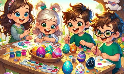 In a sunny garden, four children are gathered around a large wooden table filled with colorful Easter eggs. Lily (girl, 7 years old) has sparkling blue eyes and bouncy curly hair. She is painting an egg with bright colors, a big smile on her face. Jake (boy, 7 years old) has messy brown hair and is wearing a green t-shirt. He is leaning over an egg he is decorating with animal patterns, laughing joyfully. Mia (girl, 7 years old) has long, smooth hair tied in two pigtails. She is sticking heart-shaped stickers on her egg, her eyes shining with excitement. Sam (boy, 7 years old) is in a wheelchair, smiling broadly with glasses. He is painting his egg with galaxy patterns, surrounded by sparkling glitter. The garden is filled with colorful flowers, with tulips and daisies dancing in the wind. In the background, a large shady oak tree provides a cool refuge, while a curious little rabbit watches them from behind a haystack. The scene shows the children actively laughing and sharing ideas as they decorate their eggs for the upcoming Easter egg hunt.