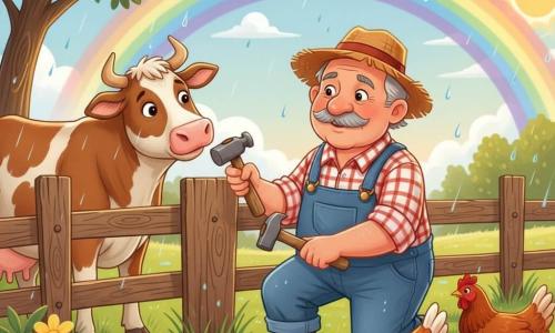 Un agricultor de unos 60 años, rostro redondo, bigote gris, piel bronceada, viste camisa de cuadros roja y blanca, peto vaquero y sombrero de paja gastado; sonríe sereno y orgulloso mientras, agachado, clava una tabla en una cerca de madera. A la izquierda, una vaca parda y blanca lo mira curiosa; a la derecha, tres gallinas rojizas picotean el suelo detrás de la cerca. Escena en una pequeña granja tras la lluvia: suelo brillante, hierba verde mojada, flores amarillas y azules, un árbol solitario y un cielo claro con un arcoíris; ambiente cálido y tranquilo, gotas en las hojas, colores vivos y formas simples en estilo vectorial para libro infantil.