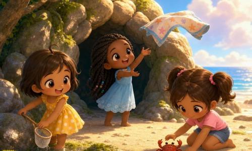 Hay tres niñas de 5 años: Ana, a la izquierda junto a una roca, pelo castaño corto con un mechón, vestido amarillo con lunares blancos, sonriente y con una pequeña red de mano; Lucía, en el centro frente a la entrada de la cueva, pelo largo trenzado, vestido azul claro, mirando una toalla que vuela y extendiendo la mano; Marta, a la derecha arrodillada, pelo castaño en coletas, camiseta rosa y pantalón corto vaquero, ayudando con cuidado a un pequeño cangrejo rojo a volver al agua; el lugar es una pequeña playa resguardada con una cueva oculta entre rocas redondas, arena fina color crema, algas verdes, charcos brillantes y un árbol sombreado a la izquierda, cielo azul con algunas nubes; situación: las tres amigas juegan juntas cerca de la entrada de la cueva, acaban de ayudar al cangrejo y recogen sus cosas para un picnic, ambiente alegre, colores vivos, luz suave de final de la tarde, estilo tierno y luminoso.