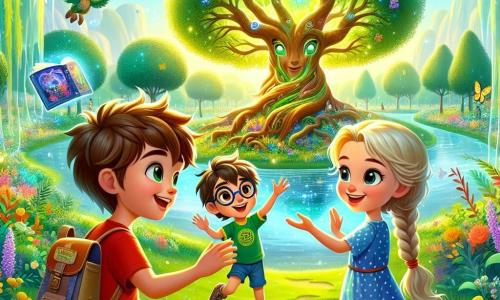 Três crianças estão no centro da imagem: Lucas, um garoto de 10 anos com cabelo castanho bagunçado e uma camiseta vermelha, observa maravilhado uma grande árvore com folhas verdes brilhantes e flores coloridas. À sua direita, Mia, uma menina de 9 anos com longos cabelos loiros trançados e um vestido azul de bolinhas, sorri enquanto escuta a árvore falar. À esquerda, Alex, um garoto de 10 anos com óculos redondos e uma camiseta verde, salta de alegria apontando para os livros flutuantes ao redor deles. O cenário é o Parque da Harmonia, um espaço verde cheio de árvores majestosas, flores vibrantes e um grande lago cintilante ao fundo. Carros voadores passam acima, adicionando um toque futurista à cena. A situação principal mostra as crianças fascinadas pela Árvore da Sabedoria, que lhes ensina a importância de cuidar da natureza, enquanto livros coloridos flutuam ao redor, criando uma atmosfera mágica e alegre.