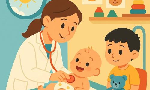 Ana é médica, rosto redondo, pele clara, cabelo castanho preso em rabo de cavalo, sorriso doce e olhos brilhantes, gentil, segurando um estetoscópio vermelho contra o peito do bebê. O bebê é uma menina de 6 meses, bochechuda, cabelos finos, mexendo-se contente, deitada sobre uma mesa de exame com uma mantinha de poás, olhando para Ana. João é um menino de 6 anos, cabelo preto curto, um pouco tímido mas tranquilo, sentado numa cadeira ao lado segurando um ursinho azul. A sala de exame do hospital tem paredes em tons pastel (azul claro e amarelo), uma janela redonda com sol, uma prateleira com brinquedos coloridos e cartazes de animais sorridentes; o equipamento médico é simplificado e não assustador. A cena mostra Ana inclinada ternamente com o estetoscópio em contacto, o bebê rindo, João observando; a atmosfera é luminosa, acolhedora e segura.