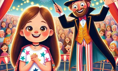 Uma menina de 12 anos, Alícia, com longos cabelos castanhos e olhos cheios de curiosidade, está no centro do palco, com um grande sorriso no rosto, cheia de emoção. Ela usa uma camiseta com estrelas e jeans, segurando uma varinha mágica cintilante que acabou de encontrar. Ao lado dela, o Mago Felix, um homem de cerca de trinta anos, com um chapéu alto preto e uma capa colorida, faz um gesto teatral com a mão, mostrando a Alícia que está pronto para começar o espetáculo. Seu rosto é alegre e ele tem uma barba bem aparada. O cenário é uma grande tenda de circo, com listras vermelhas e brancas, cheia de luzes cintilantes e balões coloridos. Espectadores maravilhados estão sentados em bancos de madeira, esperando ansiosamente pelo show. A cena principal mostra Alícia e o Mago Felix prontos para fazer um grande número de mágica juntos, cercados por uma atmosfera festiva e alegre, com confetes flutuando no ar e risadas de crianças ecoando ao redor.