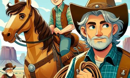 Um jovem cowboy chamado Jack, um homem de cerca de 20 anos, está orgulhosamente em seu cavalo Relâmpago. Ele tem cabelos dourados que brilham ao sol e usa um chapéu de cowboy gasto, um colete de couro e botas empoeiradas. Seu rosto expressa determinação e empolgação enquanto olha ao longe, pronto para a aventura. Ao seu lado, Lily, uma cowgirl de 18 anos, tem longos cabelos castanhos trançados e veste uma camisa xadrez e jeans. Ela sorri corajosamente, segurando uma corda nas mãos, pronta para ajudar Jack em sua busca. Mais adiante, Gus, um velho cowboy de cerca de 60 anos, com barba grisalha e um chapéu largo, observa a cena com um sorriso afetuoso, apoiado em sua bengala, pronto para dar conselhos. A cena ocorre na vasta planície do Velho Oeste, com colinas ondulantes no horizonte, cactos espalhados e um céu azul radiante com nuvens brancas. O sol brilha intensamente, criando sombras longas e reflexos dourados no chão empoeirado. A situação principal mostra Jack e Lily se preparando para partir em busca de bandidos, com expressões de determinação em seus rostos, enquanto Gus os incentiva de seu posto de observação. A atmosfera está carregada de empolgação e aventura, pronta para desvendar os mistérios do Velho Oeste.