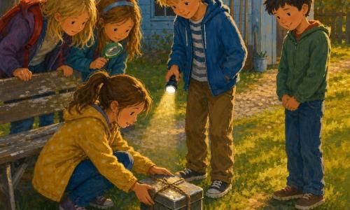 Osiemletnia Basia, skupiona i spokojna, z brązowymi kitkami i żółtą kurtką w kropki, kuca przy zużytej ławce i powoli ciągnie małe metalowe pudełko związane sznurkiem; obok na trawie stoi ośmioletni Franek z rozczochranymi blond włosami i latarką oświetlającą pudełko z lewej; nieco z tyłu po prawej stoi nieśmiały, uśmiechnięty około dziewięcioletni Marek z krótkimi czarnymi włosami; dwie rówieśniczki zaglądają przez ramię Basi — jedna z czerwonym plecakiem, druga z zieloną plastikową lupą; sceneria: starannie skoszona trawa z odciskami stóp, żwirowa alejka, zużyta drewniana ławka i mały świetlistoniebieski domek na narzędzia; późne popołudnie, złote niskie światło i długie cienie; styl: gwasz, żywe kolory i widoczne ślady pędzla, miękkie kontury, dziecięca ekspresja i realistyczne detale (szorstki sznurek, lśniący metal, włókna drewna).