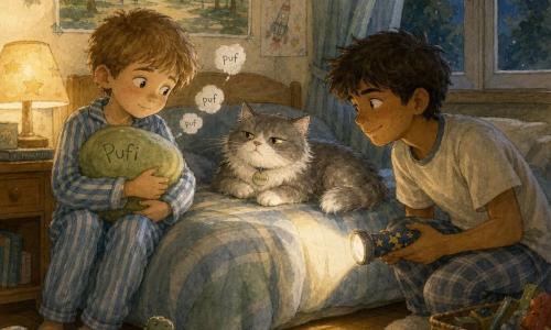 Hay tres personajes: Nico, niño de 9 años, cabello castaño corto, ojos grandes y curiosos, en pijama de rayas azules, sentado al borde izquierdo de la cama con un cojín verde de espuma llamado Pufi abrazado al pecho y mirada afectuosa; Bruno, niño de 10 años, cabello castaño algo revuelto, camiseta clara y pantalón de pijama, agachado a la derecha de la cama con una pequeña linterna con pegatinas de estrellas, sonriendo discretamente y mirando a Nico y Pufi; y Pelusa, gato gris y blanco con ojos amarillos entrecerrados, en el centro de la cama, ligeramente aplastado y con la cola enroscada, observando curioso. Ambientación: habitación infantil cálida con pared crema y póster de un parque, ventana que deja entrar una tenue luz azul nocturna, cama con colcha de rayas, mesita de madera con lámpara amarilla y suelo de parquet con juguetes esparcidos. Situación: escena nocturna tranquila y acogedora en tonos pastel verdes y azules, los chicos examinan el cojín como si fuera una criaturita con complicidad y humor tierno, luz suave de la lámpara y la linterna creando sombras leves y pequeñas burbujas de aliento 