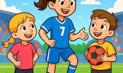 A young woman, Mia, is at the center of the image, smiling and full of energy, with her brown hair tied in a ponytail. She wears a bright blue football jersey with her number on the back and matching shorts. Her eyes shine with joy as she prepares to play football with children. To her right, a boy named Sam, about 10 years old, stands wide-eyed with excitement, holding a red and black football against his chest. He wears a yellow t-shirt and black shorts. To Mia's left, a girl named Zoe, 9 years old, smiles broadly, her braided blonde hair slightly swaying in the wind. She wears a pink jersey and black leggings, ready to join the game. The setting is a green football field surrounded by stands filled with enthusiastic spectators. The sky is blue with a few white clouds, and the sun shines, illuminating the joyful scene. Mia explains to the children how to play football with a big smile while they listen attentively, eager to start having fun together.