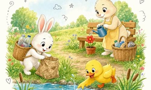 Ein kleiner weißer Hase namens Hoppel mit weichem Fell, runden Augen und stolzem Lächeln schiebt mit der Vorderpfote eine alte Papiertüte und trägt ein gefülltes Weidenkörbchen voller recycelbarer Abfälle; eine gelbe Ente namens Lilli mit glänzendem Gefieder und orangefarbenem Schnabel planscht fröhlich am Ufer eines kleinen Teichs und hebt eine schwimmende Plastikflasche, die Mutterhäsin in cremefarbener Fellzeichnung steht lächelnd bei einer Holzbank und gießt eine rote Blume im Topf, alle sammeln gemeinsam sanft Abfälle und legen sie in ein Körbchen; sonnige Wiese mit dichtem grünem Gras, Holzbank, blauem Teich mit Schilf, Wiesenblumen, ein Erdweg und ein Weidenkorb, sichtbare Details: zerknitterte Papiere, eine blaue Flasche, ein Apfelrest, grüne Blätter sowie kleine Sterne und Recycling-Symbole als Doodles.