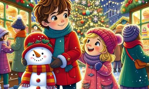Un niño de 11 años, Lucas, con cabello castaño y rizado, se encuentra en el centro de la escena, con los ojos brillantes de emoción y curiosidad. Lleva un abrigo rojo brillante y una bufanda azul, sosteniendo un gran muñeco de nieve de peluche en sus brazos, mientras mira maravillado un inmenso árbol de Navidad decorado con guirnaldas brillantes y bolas de colores. A su lado, su hermana Clara, una niña de 7 años con cabello rubio y liso, lleva un abrigo rosa y un gorro a juego. Ella ríe alegremente mientras lanza una bola de nieve hacia Lucas, creando una atmósfera de juego y complicidad entre ellos. El decorado es un mercado navideño animado, lleno de puestos coloridos que venden pasteles, juguetes de madera y decoraciones festivas. Luces brillantes iluminan el cielo nocturno y copos de nieve caen suavemente, añadiendo un toque mágico al conjunto. La escena principal muestra a Lucas y Clara, rodeados de risas y alegría, mientras descubren juntos la magia de la Navidad, listos para vivir una aventura inolvidable en este mercado de ensueño.