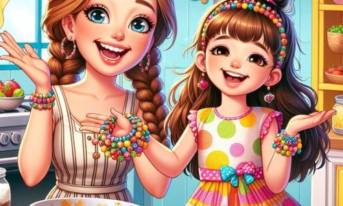 Una ragazza di 8 anni, con grandi trecce castane e un vestito a pois colorati, sorride gioiosamente mentre tiene un braccialetto fatto a mano pieno di perline brillanti. I suoi occhi brillano di eccitazione e orgoglio mentre si trova in una cucina luminosa, circondata da colori vivaci. Accanto a lei, sua madre, una donna di circa trent'anni con i capelli castani raccolti in uno chignon, prepara una deliziosa pasta per torta, ridendo affettuosamente. La cucina è spaziosa, con muri gialli soleggiati, un grande piano di lavoro in legno e utensili da cucina colorati appesi al muro. Sulla tavola, ingredienti come uova, farina e frutta fresca sono sparsi, aggiungendo un tocco di allegria all'insieme. La scena principale mostra la ragazza e sua madre mentre preparano una torta insieme, con risate e gesti vivaci, illustrando un momento di complicità e creatività, lontano dagli schermi.