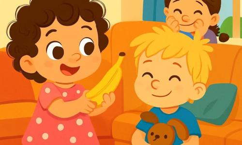 Una bambina di 2 anni, Nina, con grandi occhi scintillanti e capelli ricci, sorride maliziosamente tenendo una banana tra le mani. Indossa un vestito rosa a pois e calzini a righe. Accanto a lei, suo fratello Leo, di 5 anni, con capelli biondi disordinati e una maglietta blu, cerca di nascondere un grande sorriso mentre tiene un pupazzo. La loro sorella Marta, di 4 anni, con capelli castani intrecciati e un vestito viola, si nasconde dietro un cuscino, pronta a scoppiare a ridere. La scena si svolge in un soggiorno luminoso, pieno di giocattoli colorati, cuscini morbidi e una grande finestra che lascia entrare la luce del sole. Nina, piena di malizia, si prepara a fare uno scherzo lanciando la banana verso suo fratello Leo, mentre Marta osserva, impaziente di vedere cosa succederà.