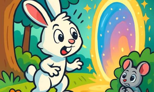 Ein junger, strahlend weißer Hase mit großen, neugierigen Augen steht am Rand eines funkelnden magischen Portals. Sein Gesicht zeigt ein Staunen, die Ohren sind aufgestellt, bereit, ins Unbekannte zu springen. In der Nähe beobachtet eine kleine graue Maus mit funkelnden Augen, die mit einer Mischung aus Bewunderung und Besorgnis ihre kleinen Pfoten auf ihrem Bauch hält. Sie versteckt sich hinter einem blühenden Busch, aufmerksam auf das Abenteuer ihres Freundes. Die Szenerie ist eine verzauberte Lichtung, umgeben von majestätischen Bäumen mit dicken Stämmen und leuchtend grünen Blättern, beleuchtet von goldenen Sonnenstrahlen, die durch das Laub filtern. Bunte Blumen in Rot, Gelb und Blau schmücken den Boden und verleihen der märchenhaften Landschaft Farbe. Die Hauptsituation zeigt Luni, den Hasen, der zögert, das leuchtende Portal zu betreten, während die Maus, obwohl nervös, ihn still ermutigt, den großen Sprung ins Abenteuer zu wagen.
