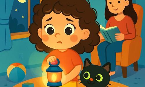 Uma menina de 4 anos, Luzinha, com grandes olhos brilhantes e cabelos cacheados, está no centro da sala, segurando uma lanterninha colorida que ilumina seu rosto. Ela tem uma expressão curiosa e um pouco preocupada, com as bochechas levemente rosadas. Ao seu lado, seu doce gatinho Bolinha, um pequeno gato preto com olhos verdes brilhantes, se aconchega contra suas pernas, olhando ao redor com atenção. Em um canto da sala, sua mãe, uma mulher sorridente de cerca de 30 anos, com cabelos longos e castanhos, está sentada em uma cadeira, lendo um livro sob uma luz suave. A cena ocorre em um quarto acolhedor, com paredes pintadas de azul pastel, estrelas douradas coladas no teto e um tapete macio no chão. Brinquedos coloridos estão espalhados e uma janela deixa entrar a luz da lua. Luzinha, um pouco nervosa, observa a luz de sua lanterninha, pronta para enfrentar seus medos na escuridão, enquanto Bolinha, seu fiel companheiro, a encoraja com sua presença reconfortante.