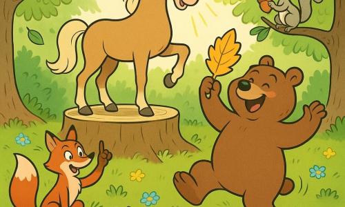 Um cavalo cor de caramelo calmo e sorridente, com crina ondulada creme e olhos avelã, em pé sobre um tronco grosso levantando uma pata como mestre de cerimônias; um grande urso pardo chamado Bolota, alegre e atrapalhado, dançando sobre as patas traseiras e segurando um troféu em forma de folha dourada; uma raposa ruiva maliciosa à esquerda levantando a pata, um esquilo cinza pequeno à direita numa rama baixa segurando uma noz e sorrindo; coelhos brancos, corujas e ouriços em semicírculo aplaudindo; uma clareira com relva verde, flores amarelas e azuis, árvores ao redor e raios de sol; cena de um quiz festivo e colorido.